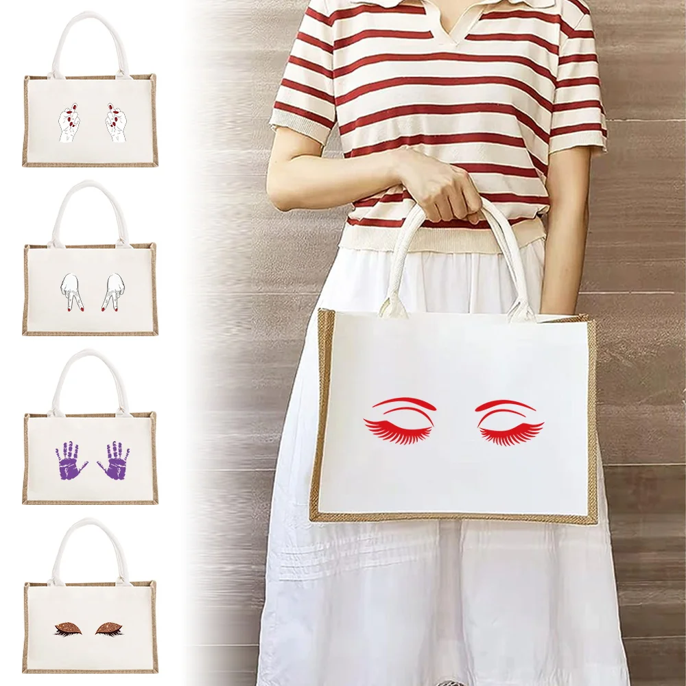 

Reusable Jute Burlap Shopping Bag Handbags for Women Grocery Eco Bag Female Tote Bag Cloth Shopper Bag Purse Chest Print