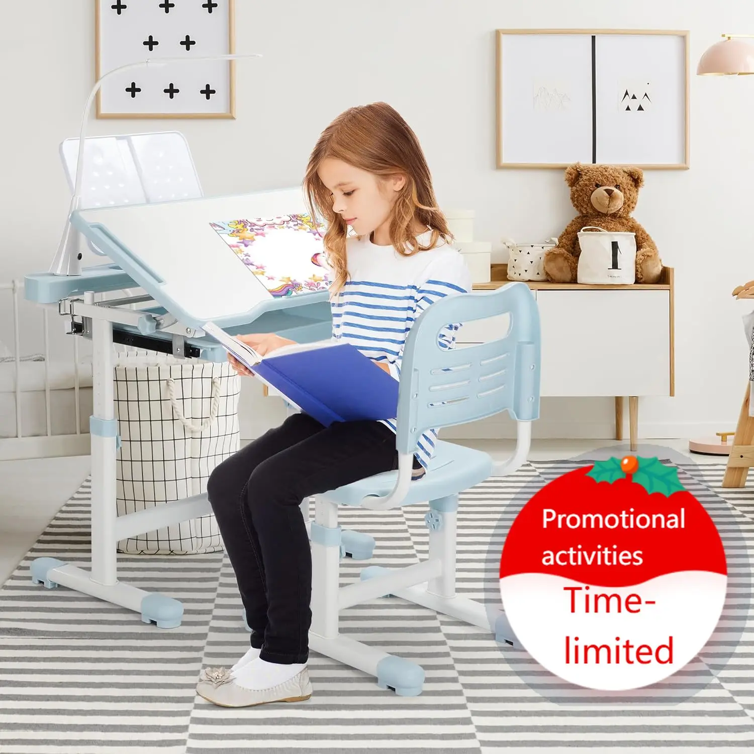 

Kids Desk and Chair Set, Height Adjustable Children School Functional Study Desk with 55° Tiltable Desktop, 3 Modes & Brightness