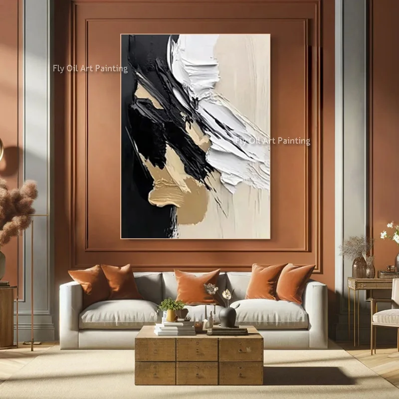 Black White Abstract Knife Thick Wall Art Fashional Design Hand Painted Golden Yellow And White Set Of Two Oil Painting Decor