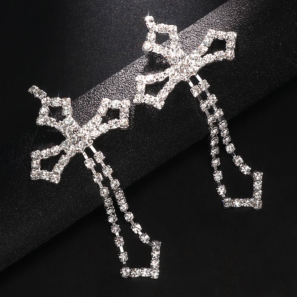 Stonefans Bridal Crystal Cross Shape Long Earrings Sparkly Accessories Rhinestone Dangle Earrings for Women Wedding Jewelry