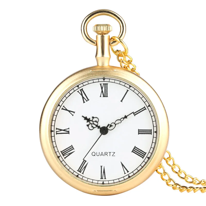 Reloj de cara abierta dorado de lujo para hombres y mujeres, número romano, Reloj de bolsillo de cuarzo analógico clásico, COLLAR COLGANTE, cadena antigua