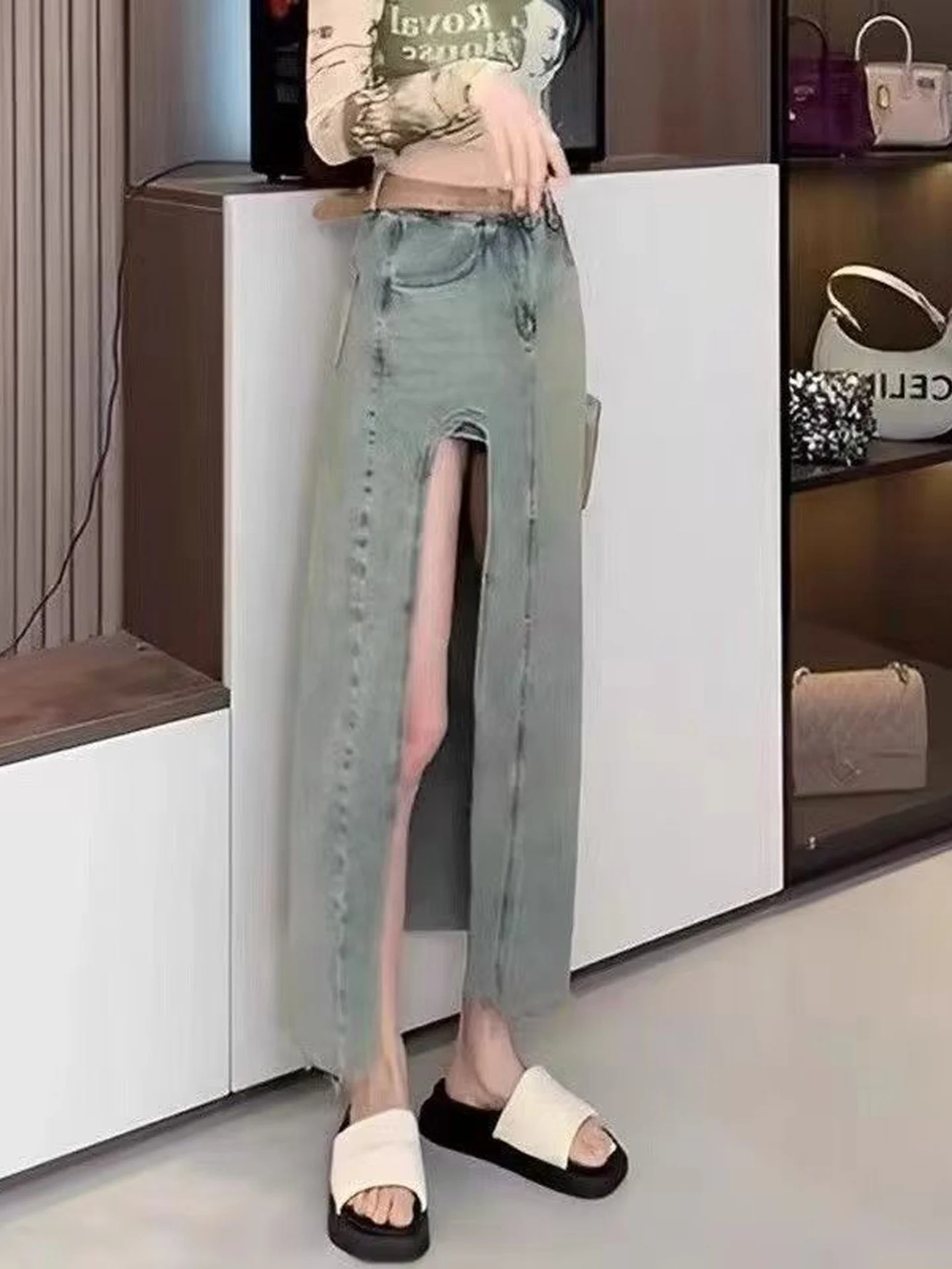 High Waist Slit Denim Skirt Women Slimming Hip Covering Sexy Half Body Skirt European Style Casual Straight Leg A-Line Skirt