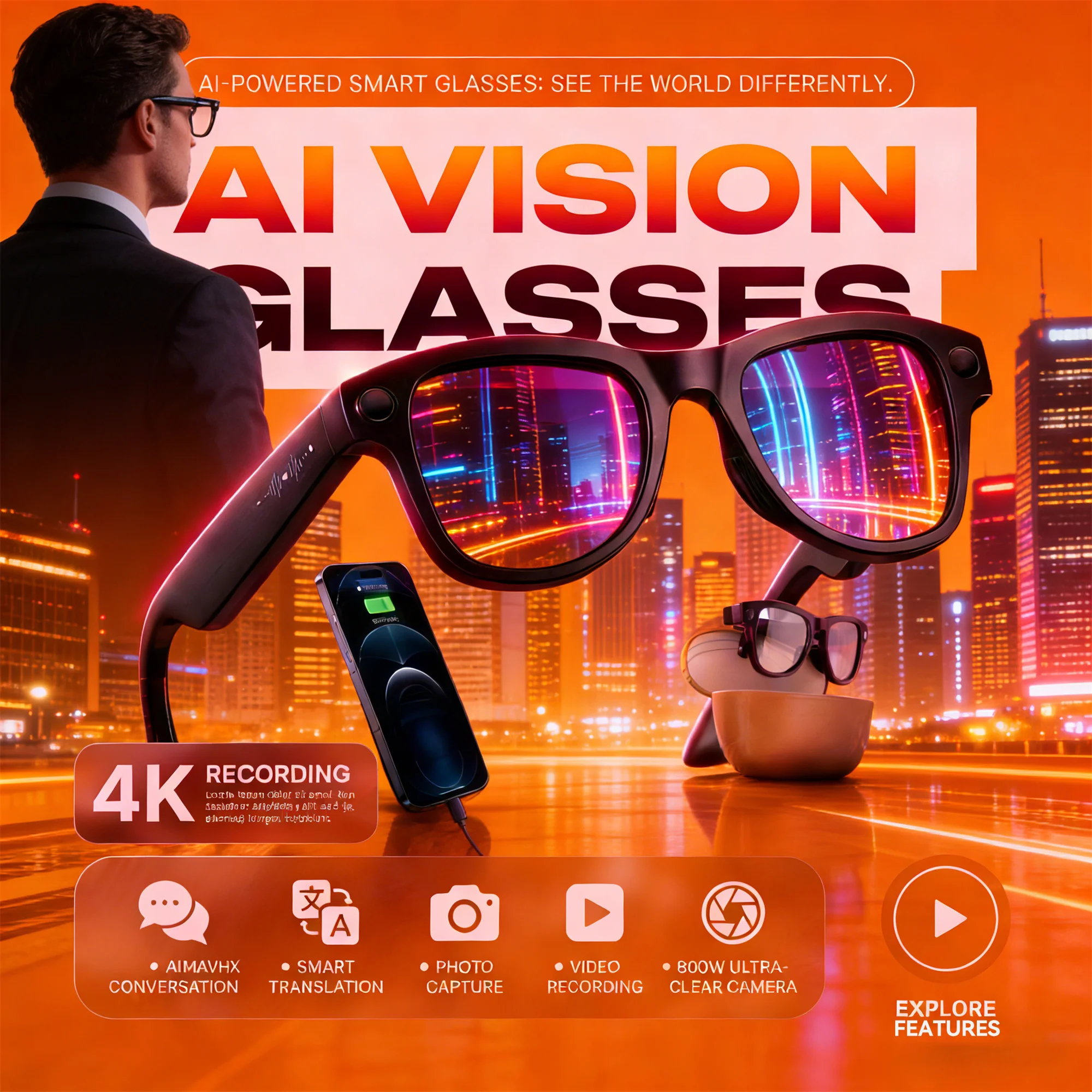 

Bluetooth Camera Smart Glasses 4K 1296P Photo Video Open-Ear Dual Speakers Touch Button Control OTA APP 4GB Memory sunglasses