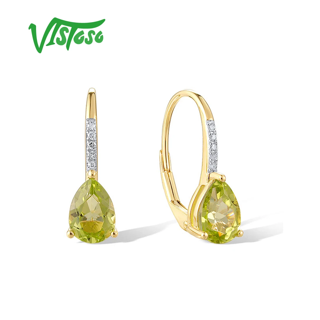 VISTOSO Real 14K 585 Yellow Gold Leverback Earrings For Women Sparkling Diamond Peridot Teardrop Anniversary Gifts Fine Jewelry