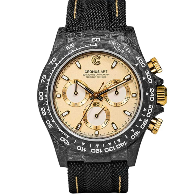 CRONUSART Men Chronograph Watch 40mm Carbon Fiber Automatic Mechanical Wristwatch Lume Sapphire Mirror Triple Windows