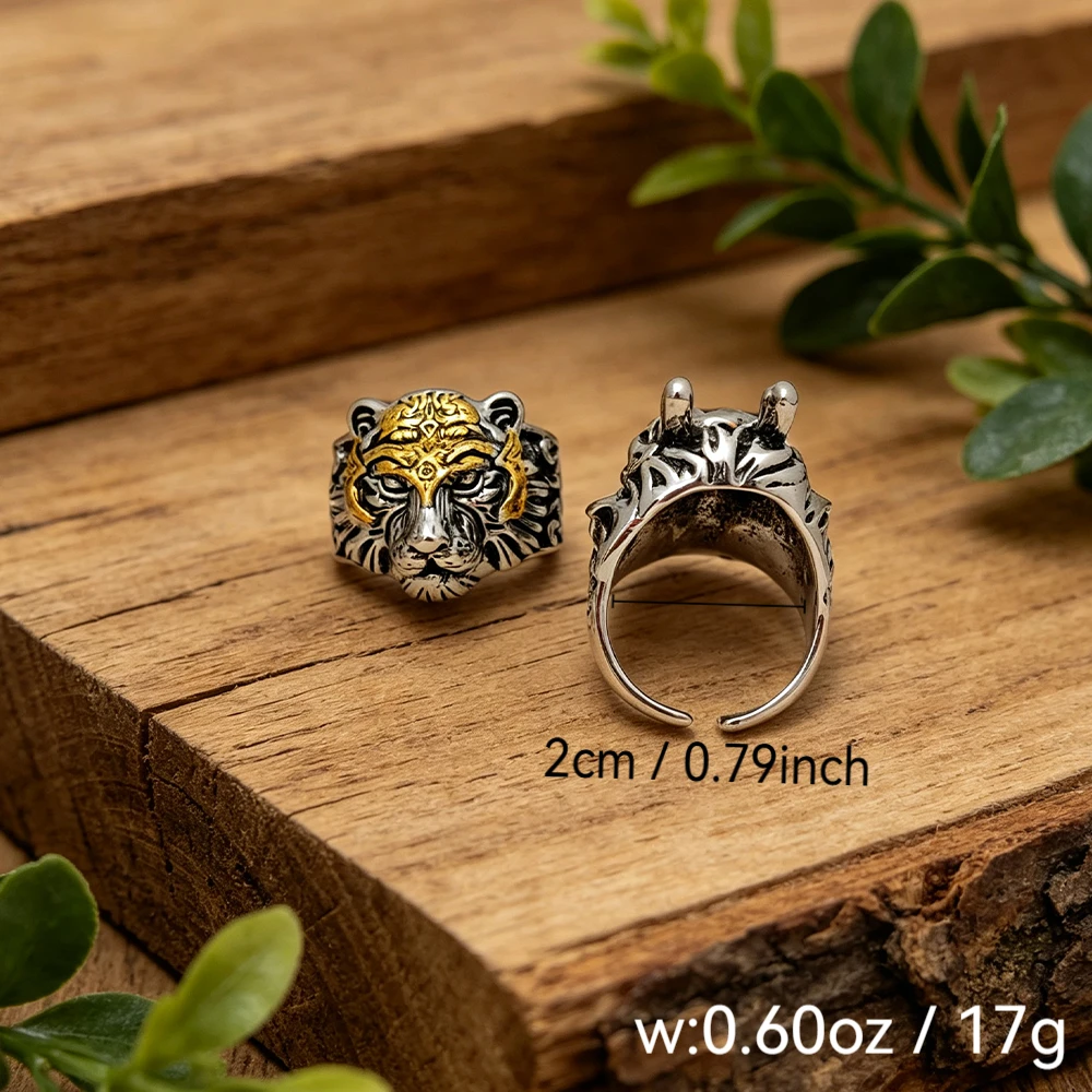 Vintage Distressed Dragon and Tiger Ring Set, Two-Piece Set with Embossed Dragon Head and Gold-Painted Tiger Head, Adjustable Decorative Ring Set for Men
