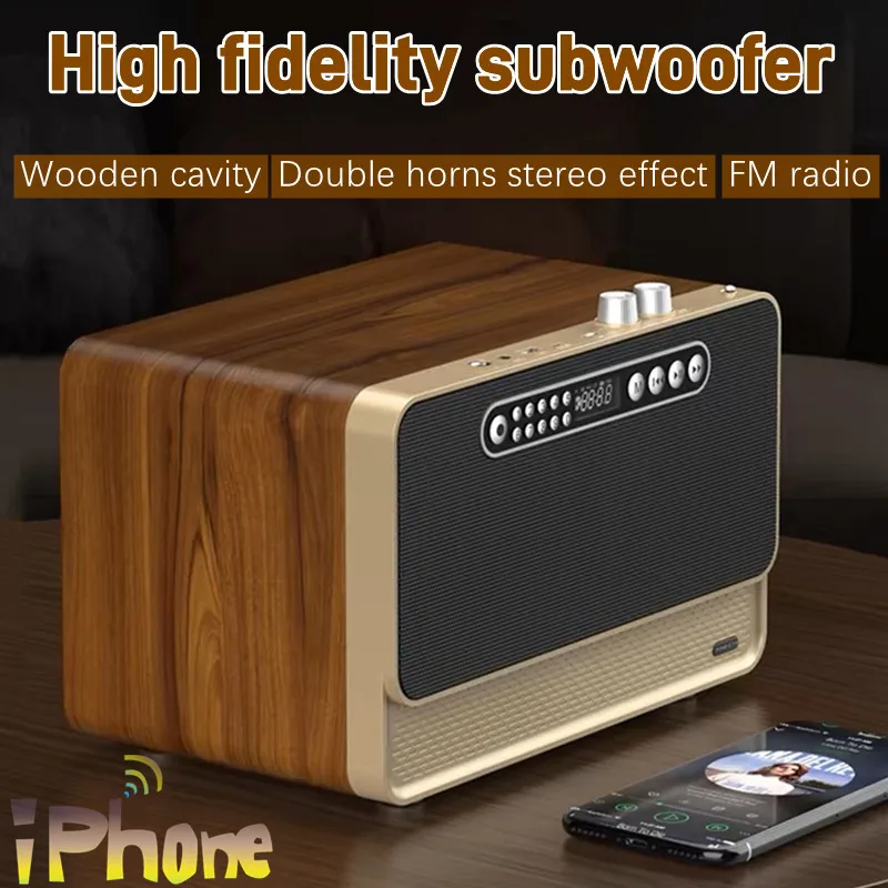 Retro Wooden FM Radio Caixa De Som Portable Wireless Bluetooth Speaker 80W Heavy Bass Box Music Player U Disk TF Card AUX W1