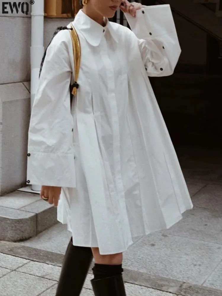 [EWQ] Japan Style White Women Shirt Dress Lapel Loose Single Breasted  Cotton Long Slevee Overknee Pleated Dresses 2024 Autumn