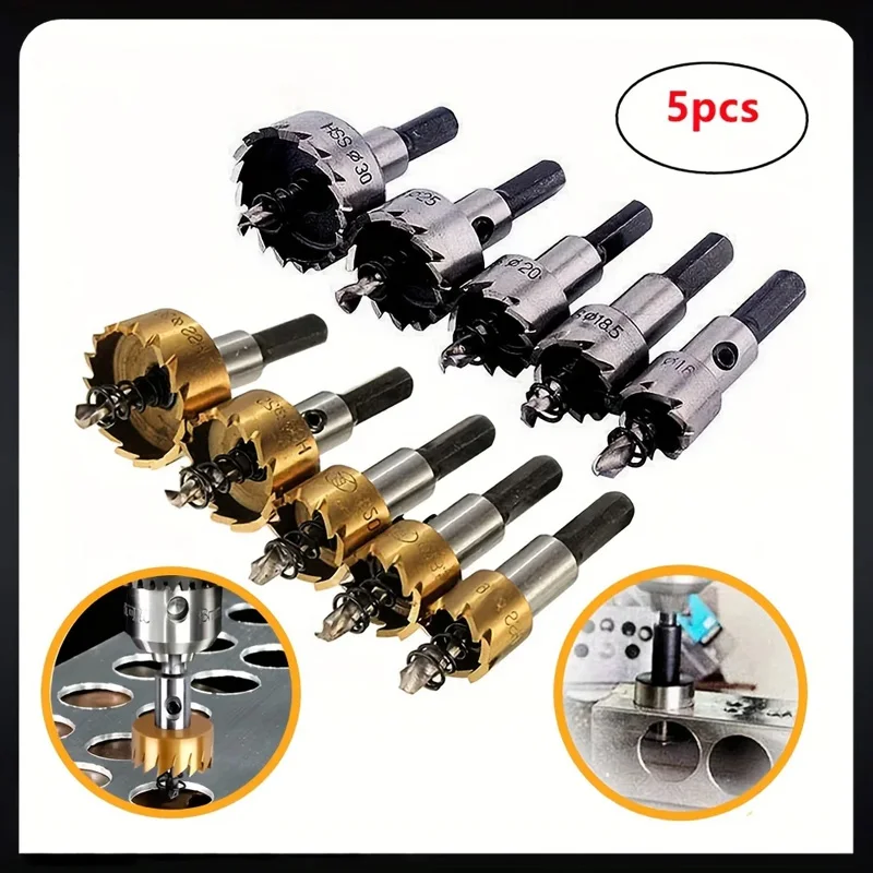 5 Pieces HSS Drill Bit Set High Performance Metal Hole Drill Set 16-30mm Holesaw Hole Saw Cutter Drilling Kit Hand Tools