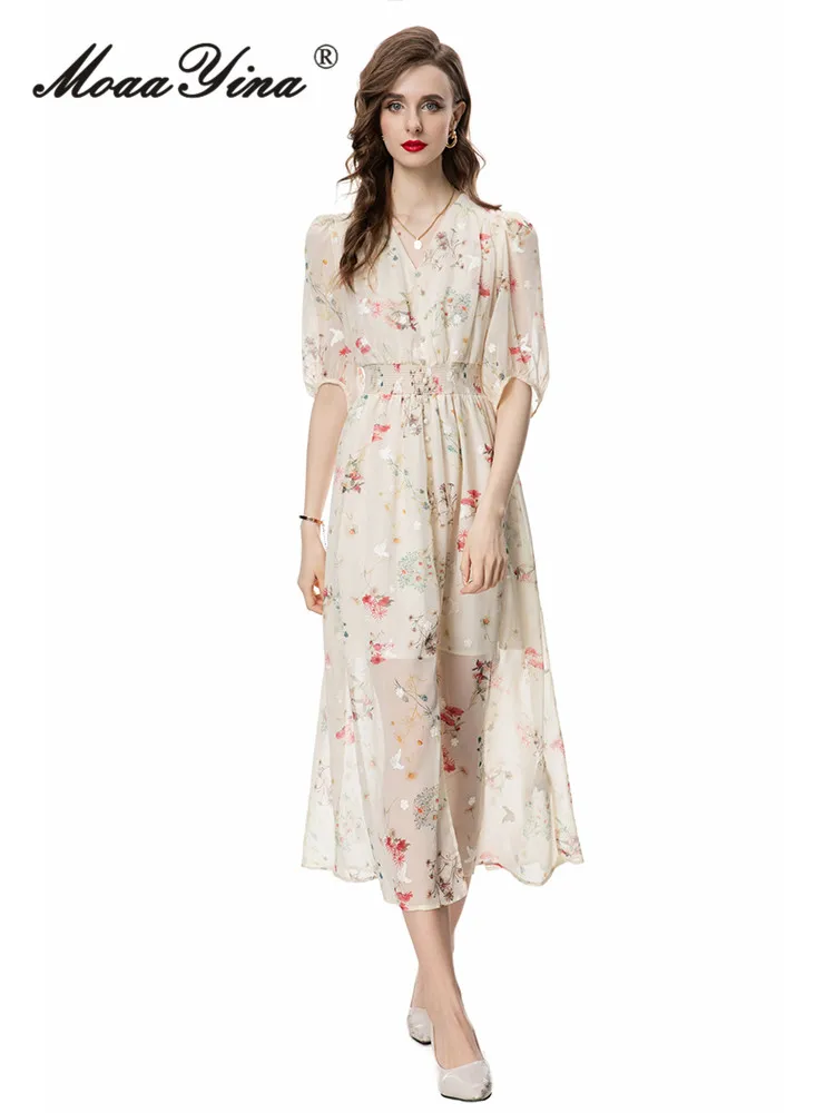 

MoaaYina Fashion Designer Summer Women's Dress Vintage Floral Print Chiffon Button Elastic Waist Embroidery Temperament Dresses