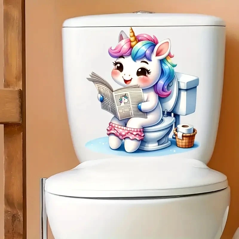 MT1430# Unicorn Reading Newspaper Bathroom Toilet Sticker - Self-Adhesive, Vibrant Colors Art Wall for Home, Door,Toilet