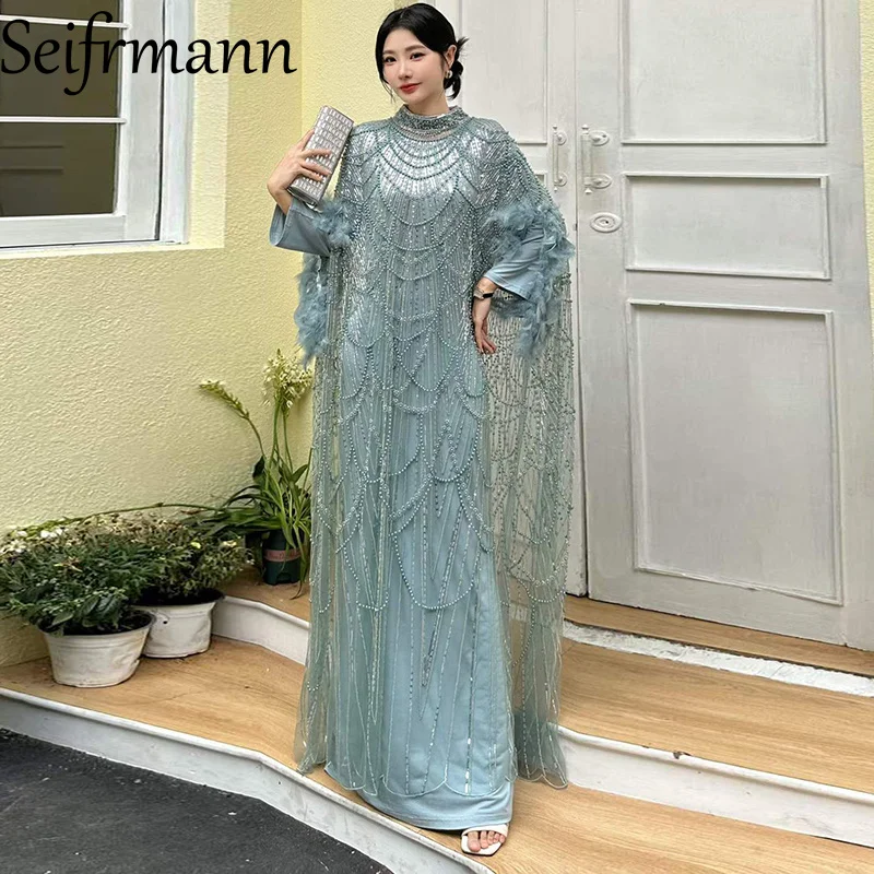 Seifrmann  Spliced ​​mesh beaded loose dress round neck bat sleeve long dress 2026 summer women's new style
