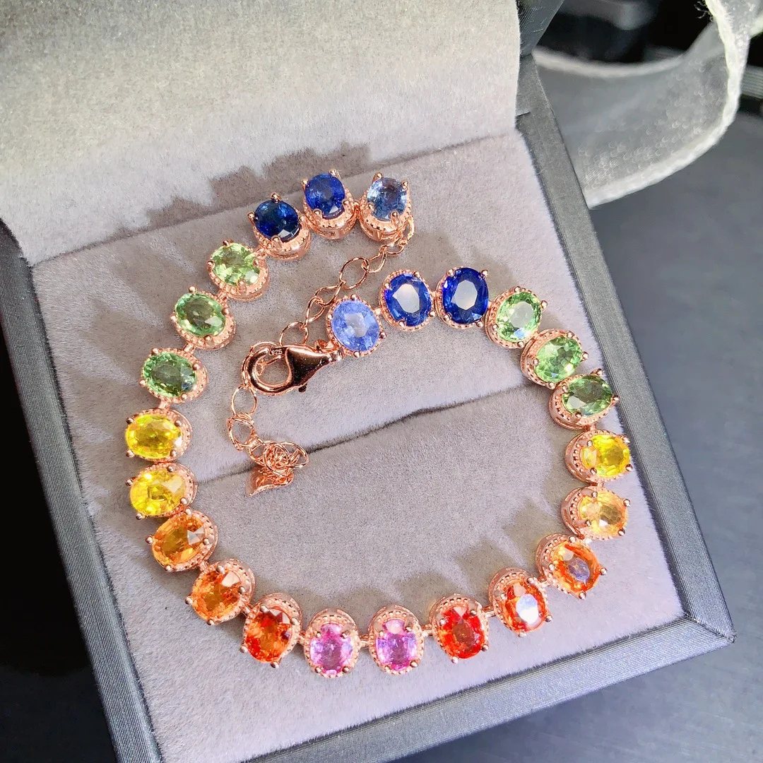 S925 Sterling Silver Natural Multi‑Color Sapphire Bracelet,4*5mm Rainbow Gemstone, Rose‑Gold Plated Jewelry Gift for Women