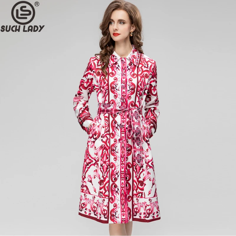 

Women's Runway Trench Coats Turn Down Collar Long Sleeves Printed Fashion Windbreaker Outerwear with Belt