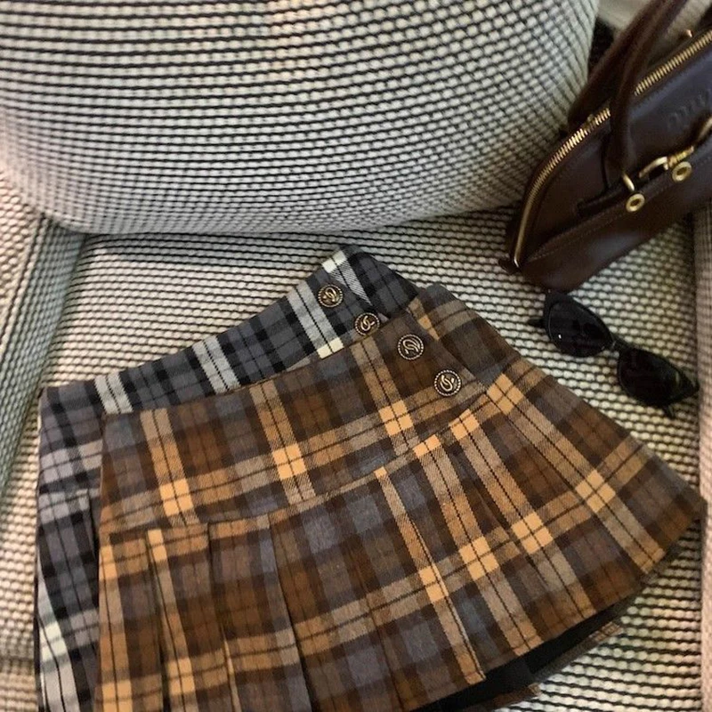 تنورة نسائية أمريكية عتيقة من Preppy Y2K منقوشة بطيات تنورة حلوة على شكل حرف A اليابان Jk خريف شتاء كلاسيكي بسيط تنورة هاراجوكو صغيرة