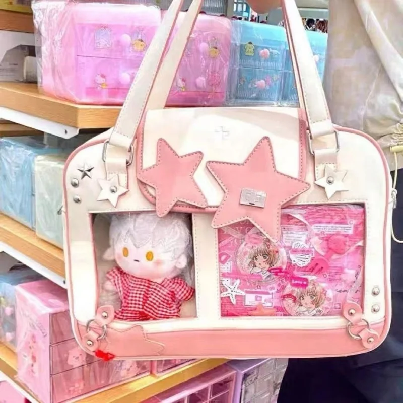 Y2k Stars Transparent Pu Leather Handbag Lolita Girl Bag Crossbody Bags Women Commute Shoulder Bag