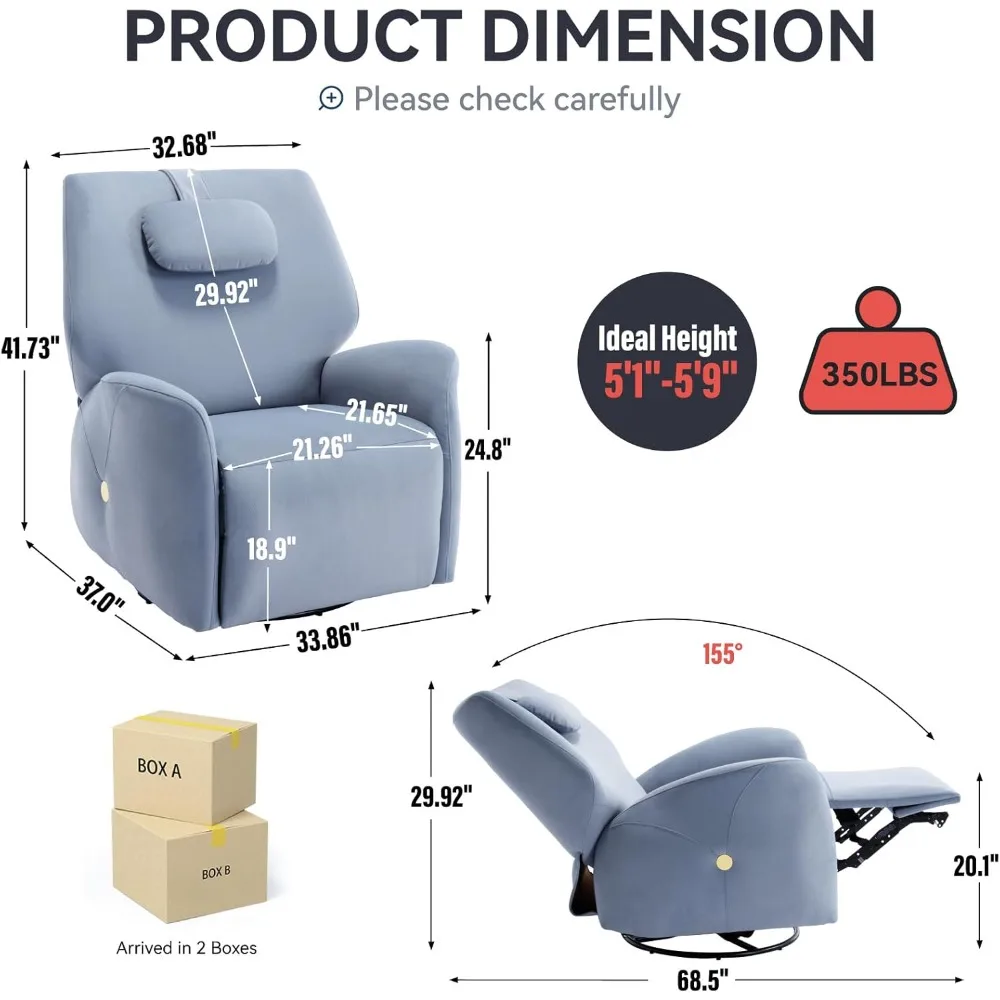 Living Room Chair with Adjustable Headrest, USB Port, Infinite Reclining, Fleece Fabric, Power Swivel Rocker Recliner Chair