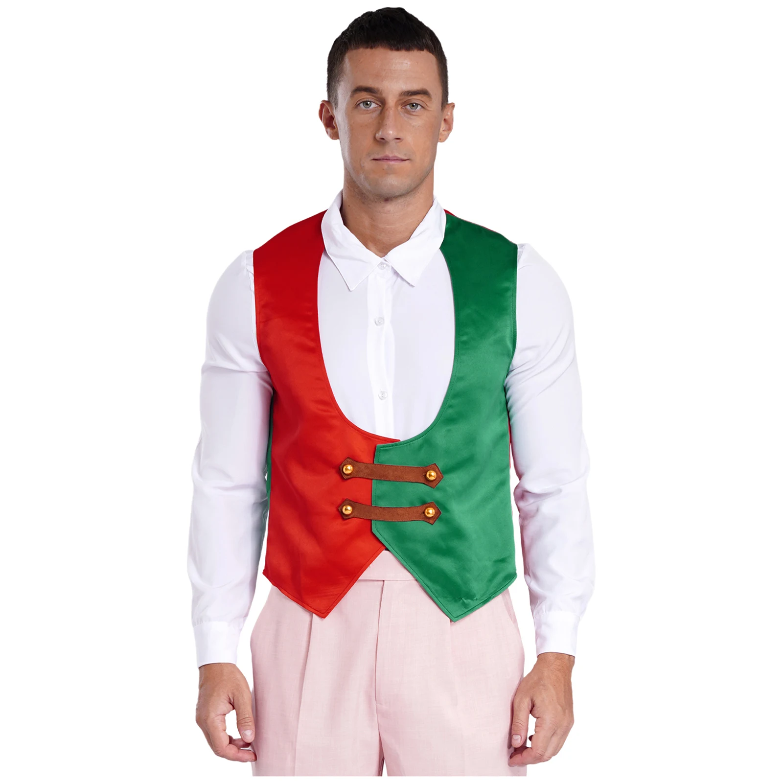 Costume natalizio da uomo Gilet da cameriere a contrasto Bottoni con scollo a U profondo Canotta da elfo natalizio per feste cosplay natalizie.