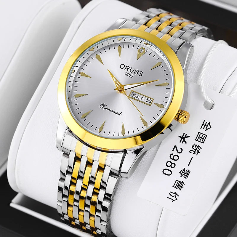 ORUSS Luxury Brand New Quartz Watches for Man Luminous Pointer Week Date Waterproof Stainless Steel Fashion Business Men's Watch