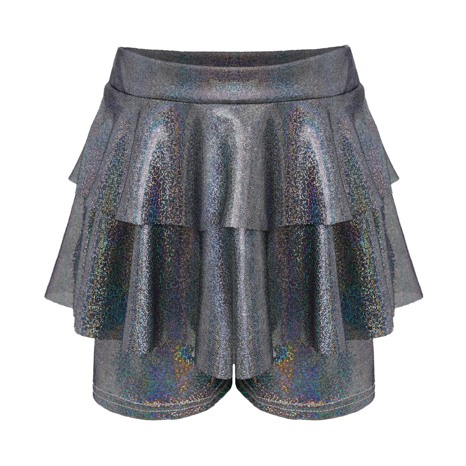 

Kids Girls Jazz Dance Costume Elastic Waistband Metallic Shiny Skirted Shorts Culotte for Jazz Dance Cheerleading Performance