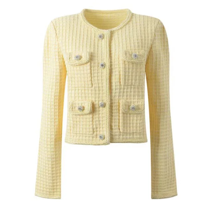 

Office ladies yellow elegant two piece suit long sleeve fashionable cardigan or slim fit pocket decorated skirt