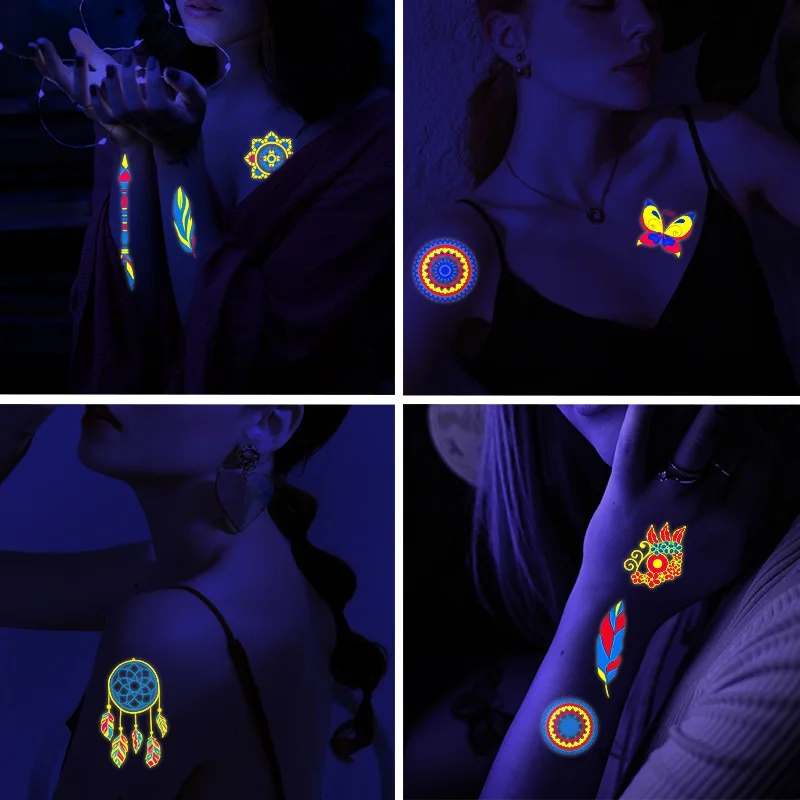 Fluorescent Temporary Tattoo Waterproof Body Art Sticker Disposable Club Party Makeup Flower Butterfly Feathers Totem