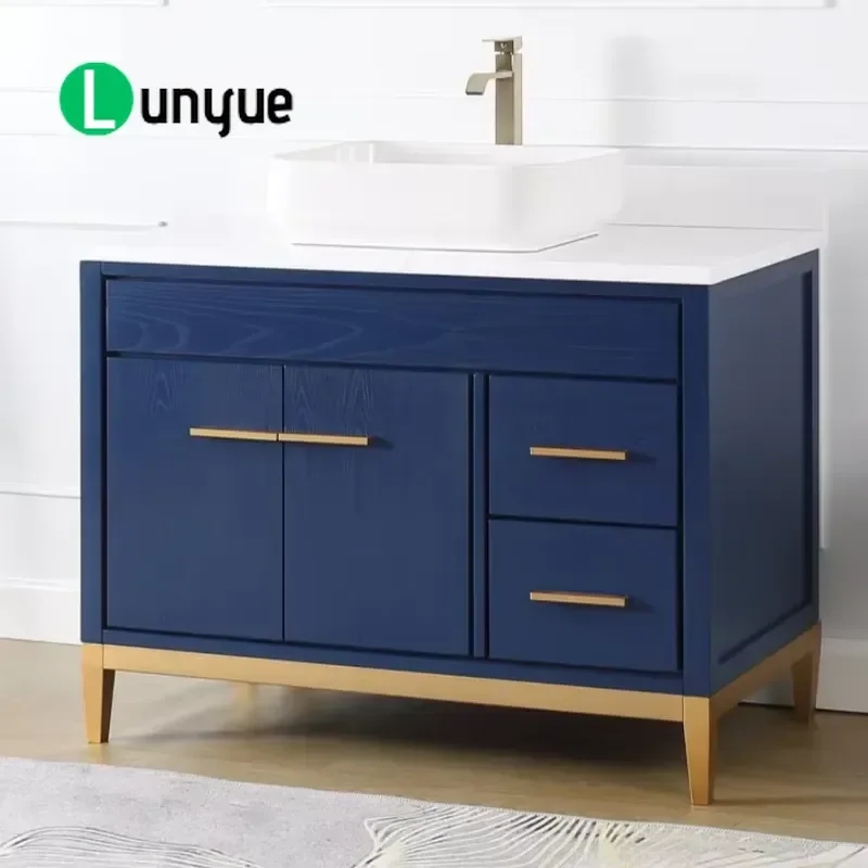 Luxury Solid Wood Bathroom Vanity Cabinet Traditional Gloss White Dark Blue Waterproof Counter Unit Wide Storage Ceramic