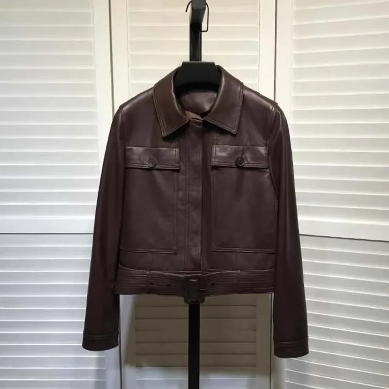 Genuine Leather Jacket With Belt Turn-Down Collar Clothes Short Length Women Coat Spring New Brand Big Pockets