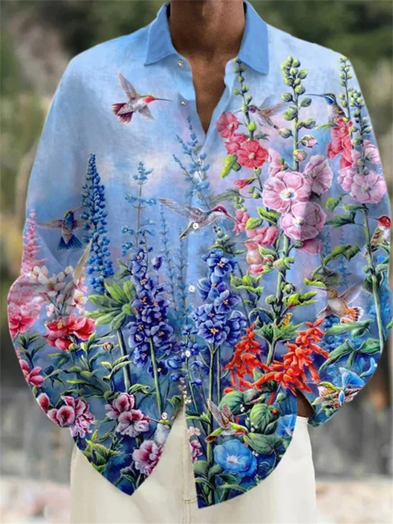 

Men's New Colorful 3D Printing Shirt Linen Shirt Floral Print Lapel Outdoor Street Long Sleeved Fashionable Streetwear Designer