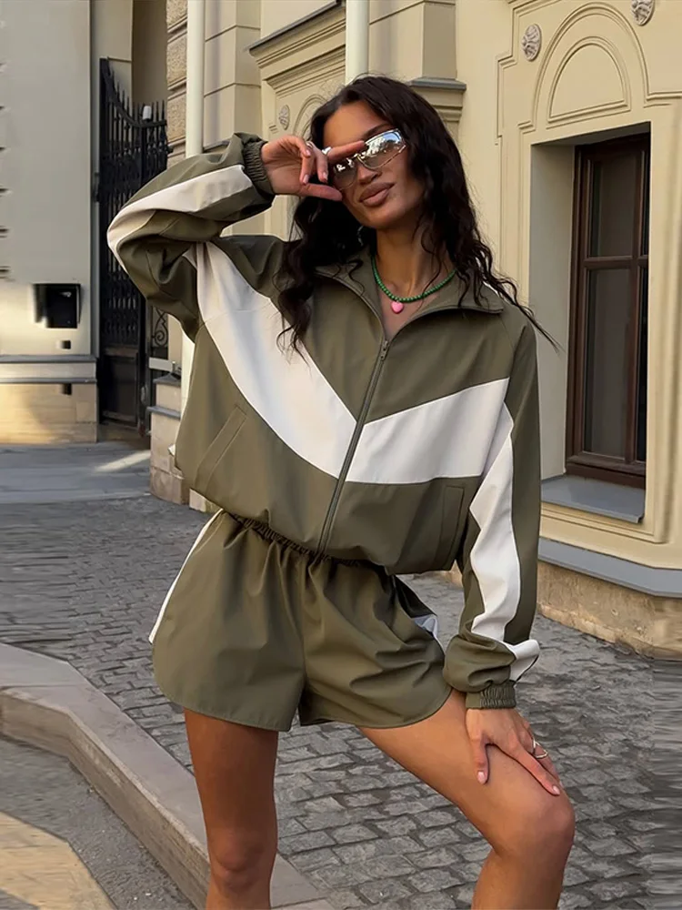 Damen-Shorts 2-teiliges Set Stehkragen Laternenärmel Reißverschluss-Jacken Elastische Taille Kurze Hosen Schicke Damen Paneel-Loose-Anzüge – Detail 15