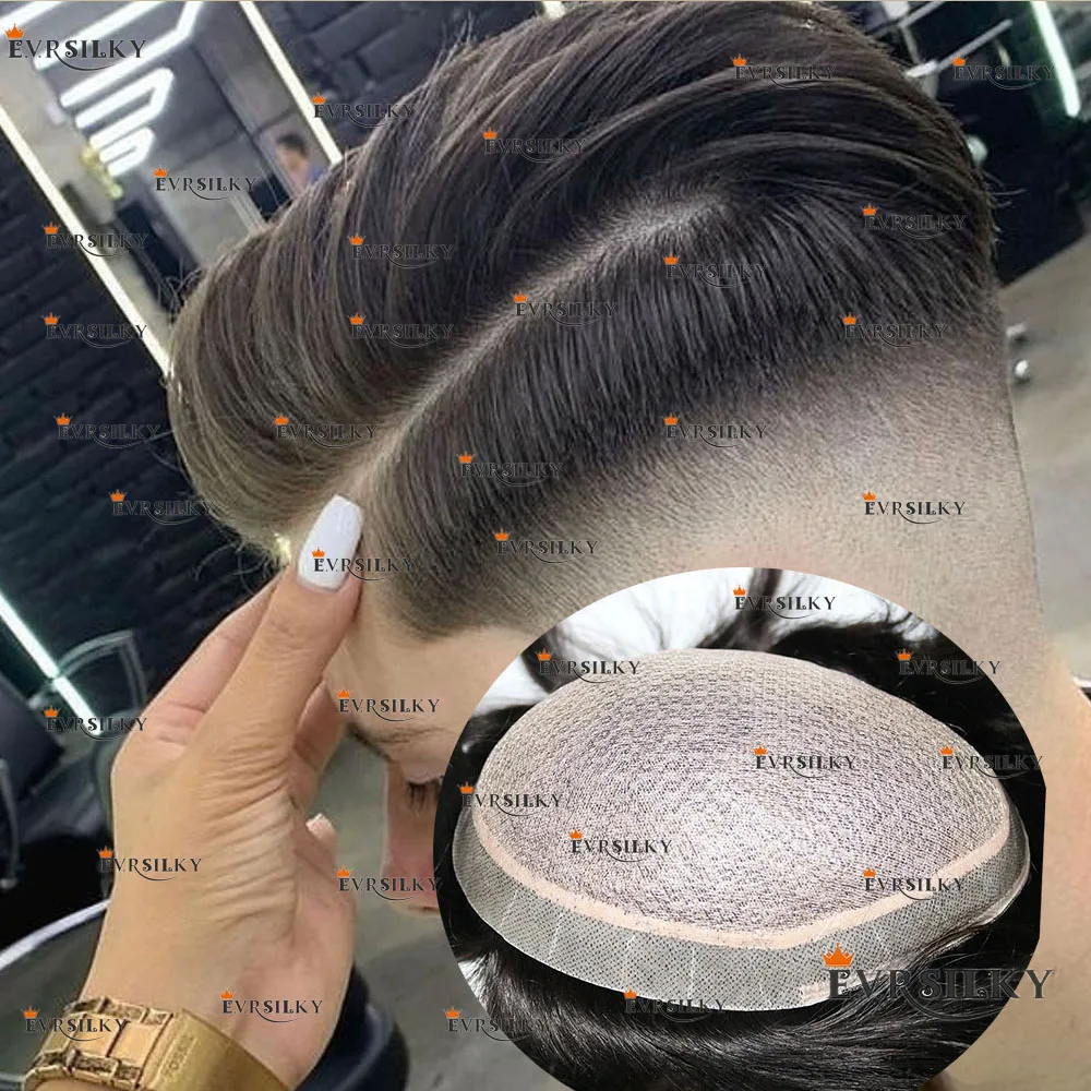 Natural Hairline Full Scalp Silk Base Male Breathable M-Lace Black MensToupee Super Durable 100% Human Hair Wig Prosthesi System