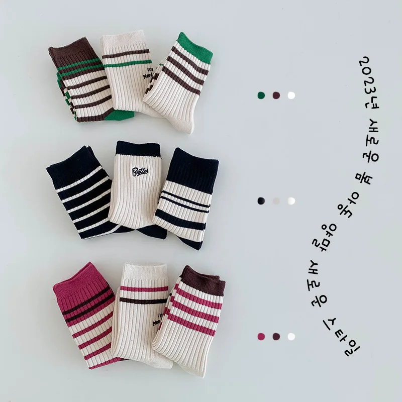 Children\'s Socks Spring Autumn Striped Vintage Style Letter Cotton Socks Boys and Girls Socks