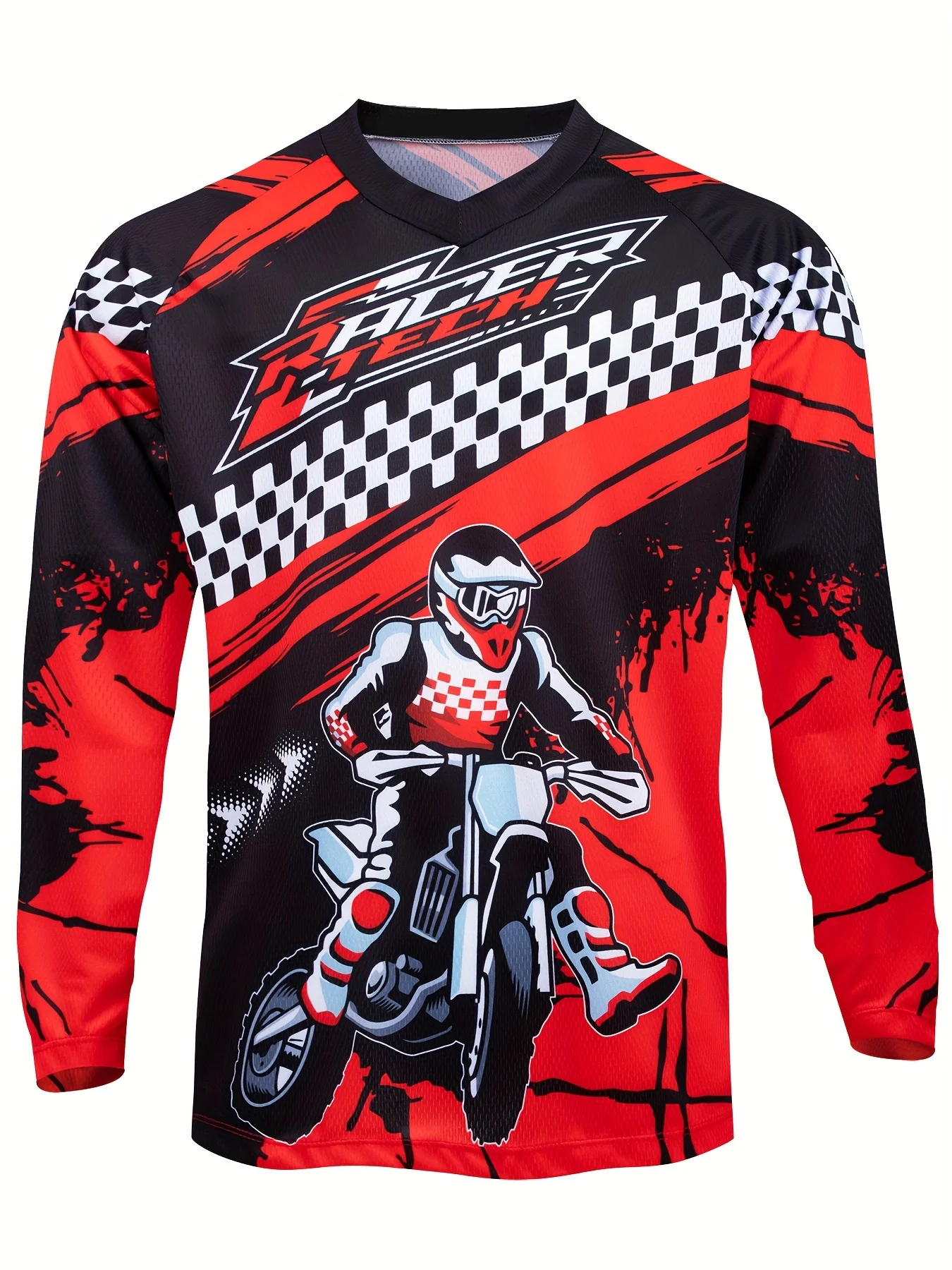 Men Motocross Rider Checkered Flag Print Long Sleeve MTB Jersey Breathable Quick Dry Outdoor Riding Tee Family Matching Tops