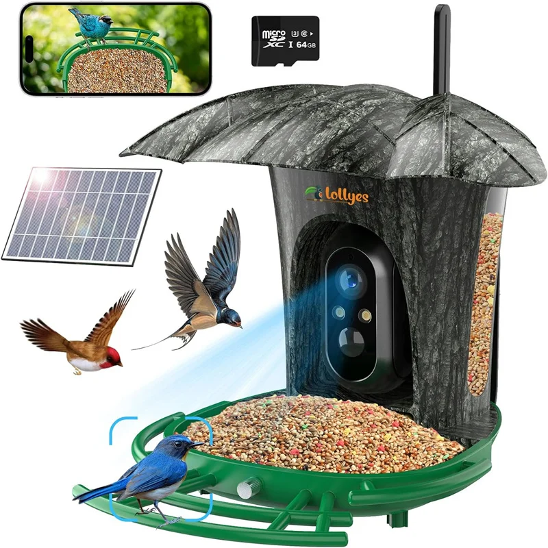 Smart Bird Feeder Camera with 64G Card, 1080P HD Identify Bird Species, Bird House with 7W Solar Panel for Wild Bird Watching