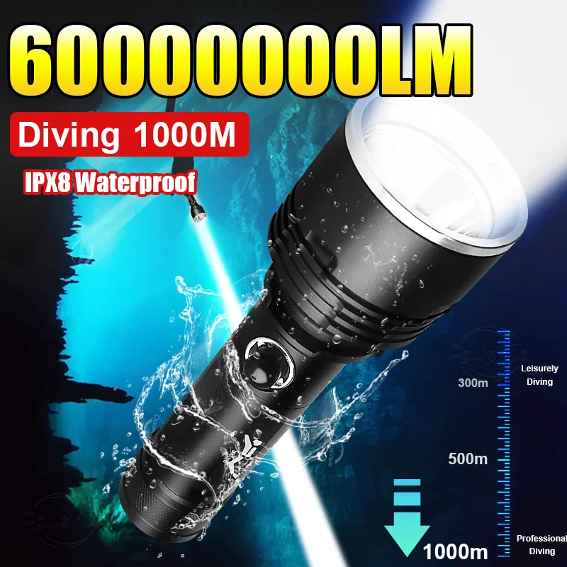 60000000LM XHP199/XHP50 LED Diving Flashlight IPX8 Waterproof Professional Powerful Diving Lantern Underwater Scuba Diving Torch