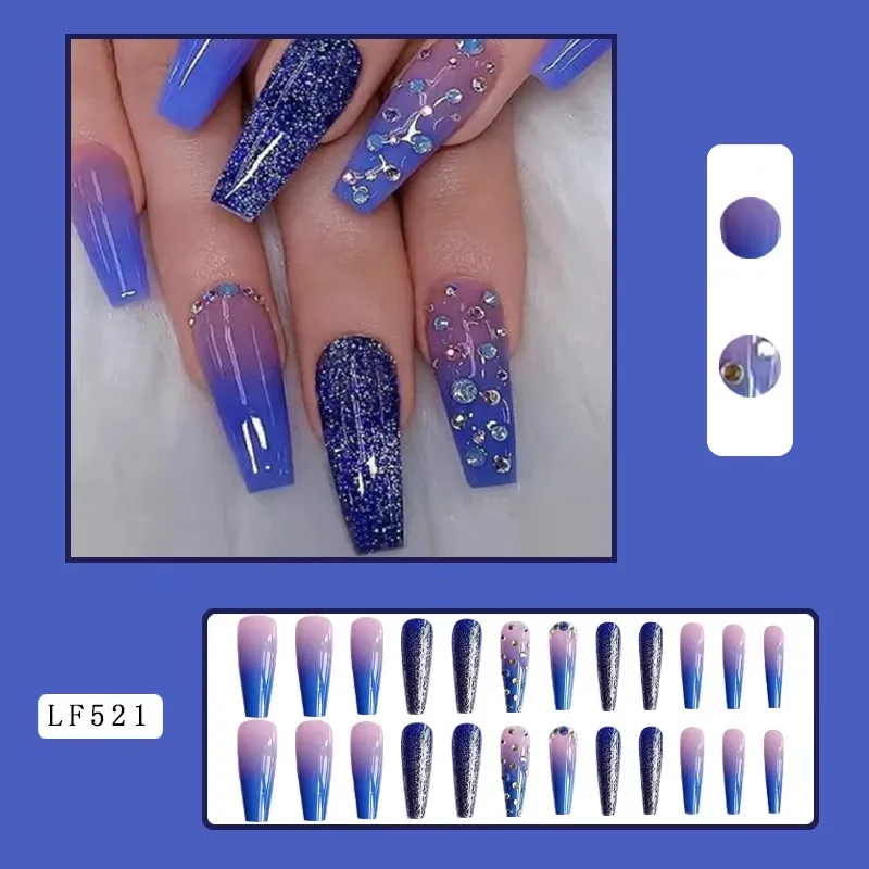 Blue Purple Gradient Press on Nails Chrome Medium Square Fake Nails Mirror Acrylic Glue on Nails Reusable Stick on Nails DIY