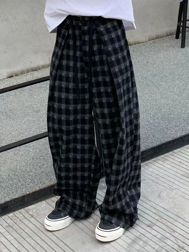 

American Retro Bla White Plaid Men's Casual Pants Autumn Spring Lazy Sle Wide Leg Knife Pants A-Line Draped Long Pants