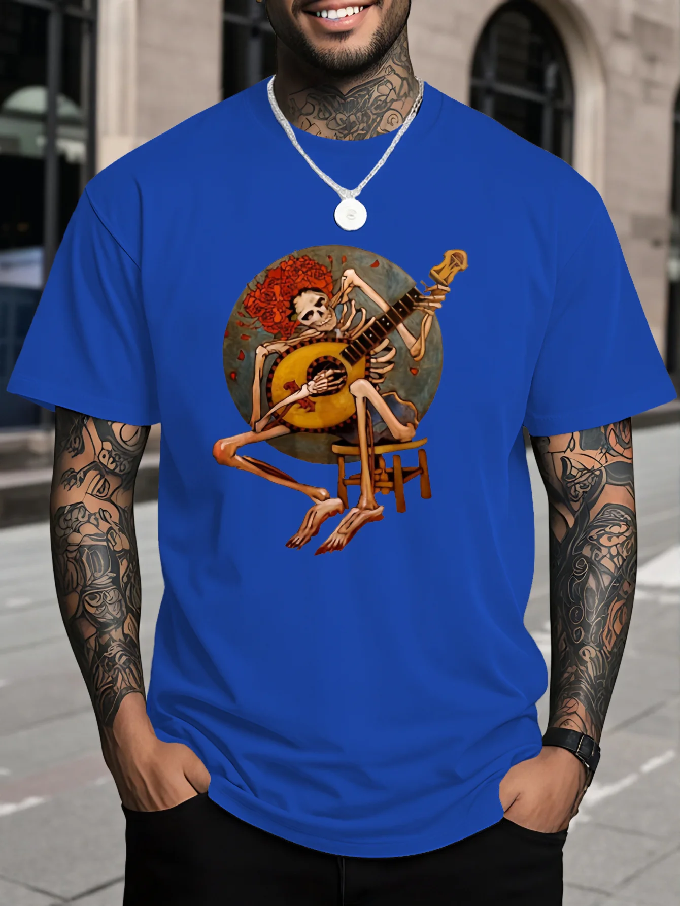 Jerry Grateful Skull Guitarist Retro Music Graphic T-Shirt 100% Cotton O-Neck Short Sleeve Summer Casual Mens T-shirt Streetwear