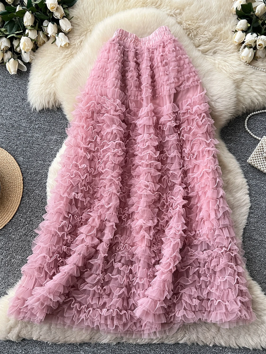Korean Style High Waist A-Line Sweet Mid-Length Skirt Women's Multi-Layer Cake Skirt Slimming Fluffy Skirt Commute Sweet Skirt