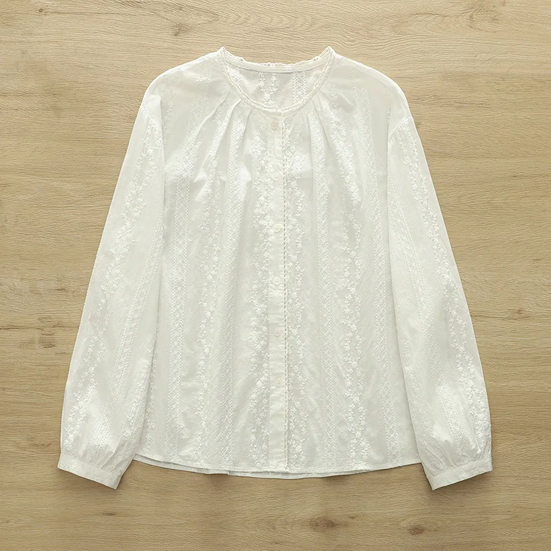 2025 Spring Japanese Mori Girl Embroidery Hollow Out Cotton Shirts Women Solid Color O-Neck Long Sleeve Casual Loose Blouse Tops