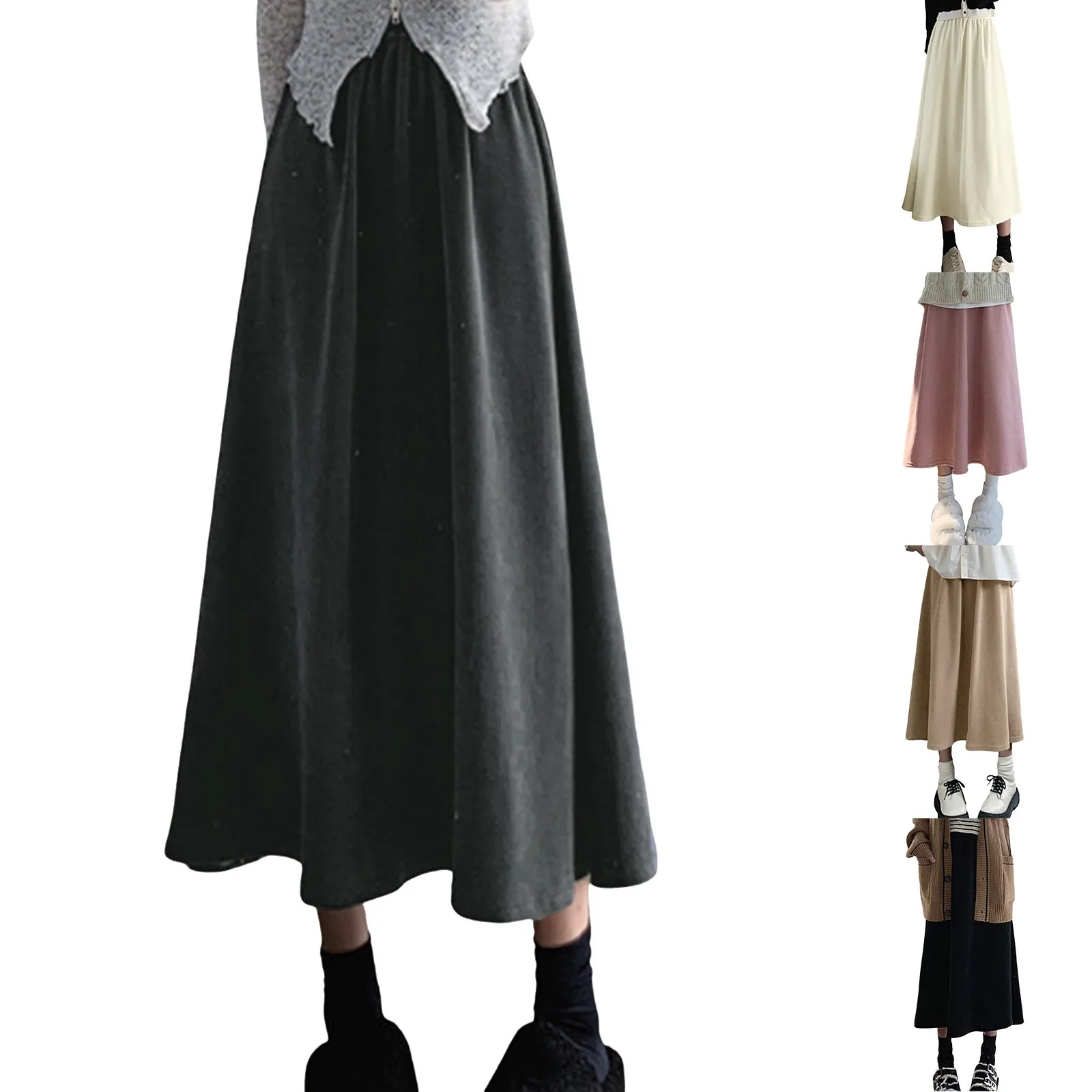 Women's Vintage Solid Color High Waist A Line Fleece Lined Thermal Half Bodies Skirts Fashion College Style Casual Long Skirt