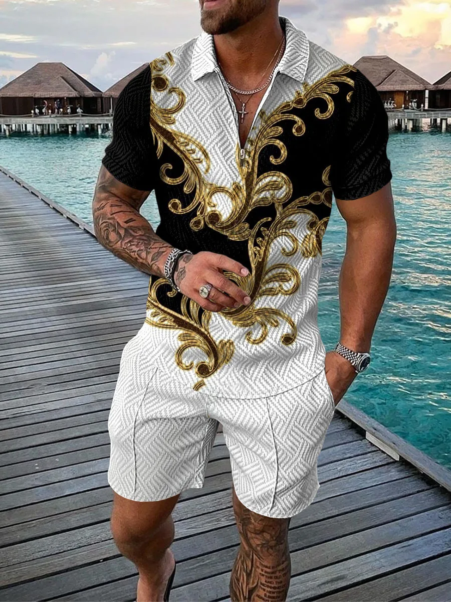 Summer men\'s beach wear lace patterned short sleeved shorts two-piece set for sports and leisure men\'s suit