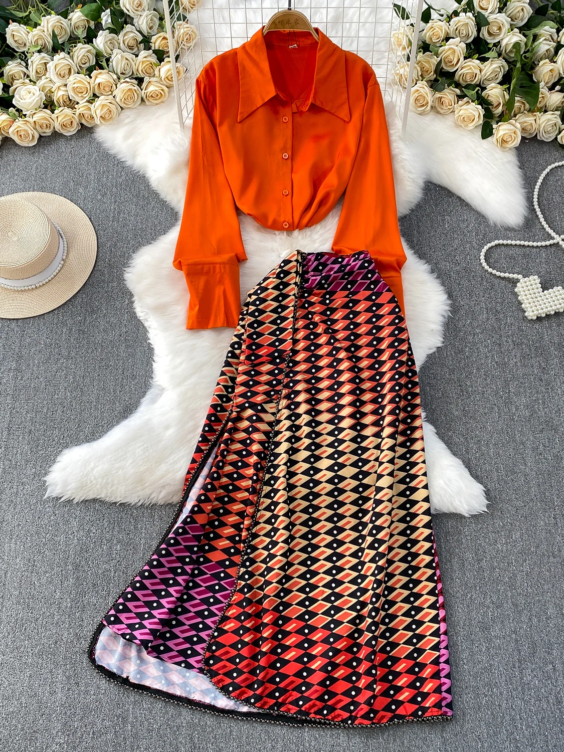 

Faionable Orange Long Sve Sun Protection irt with Heavy Beading Print f Skirt Holiday Outfit Collar Button Clo...