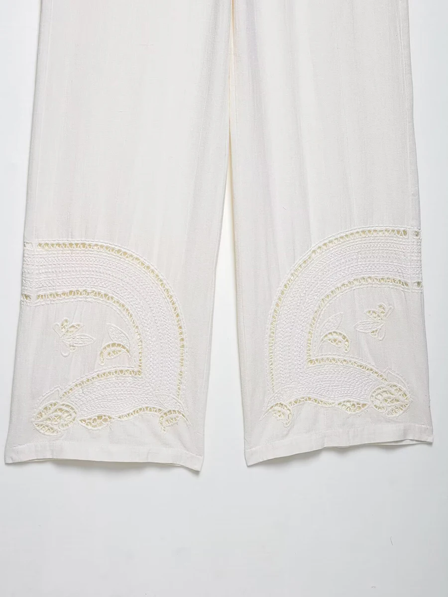 Gesticktes, aushöhlenes, zweiteiliges Set für Damen, Schnürung, O-Ausschnitt, Langarmbluse, lässige Mode, lockerer Kordelzug, weites Bein, Hosen-Sets