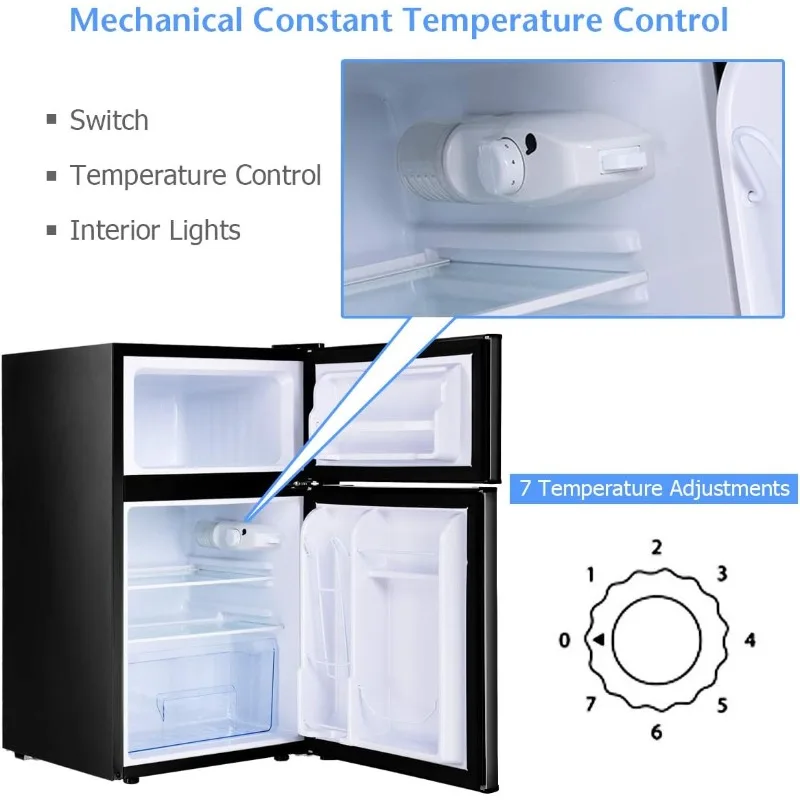 ثلاجة كوستواي المدمجة، وحدة 3.2 قدم مكعب، ثلاجة تبريد صغيرة ببابين مع باب قابل للعكس، أرفف زجاجية قابلة للإزالة