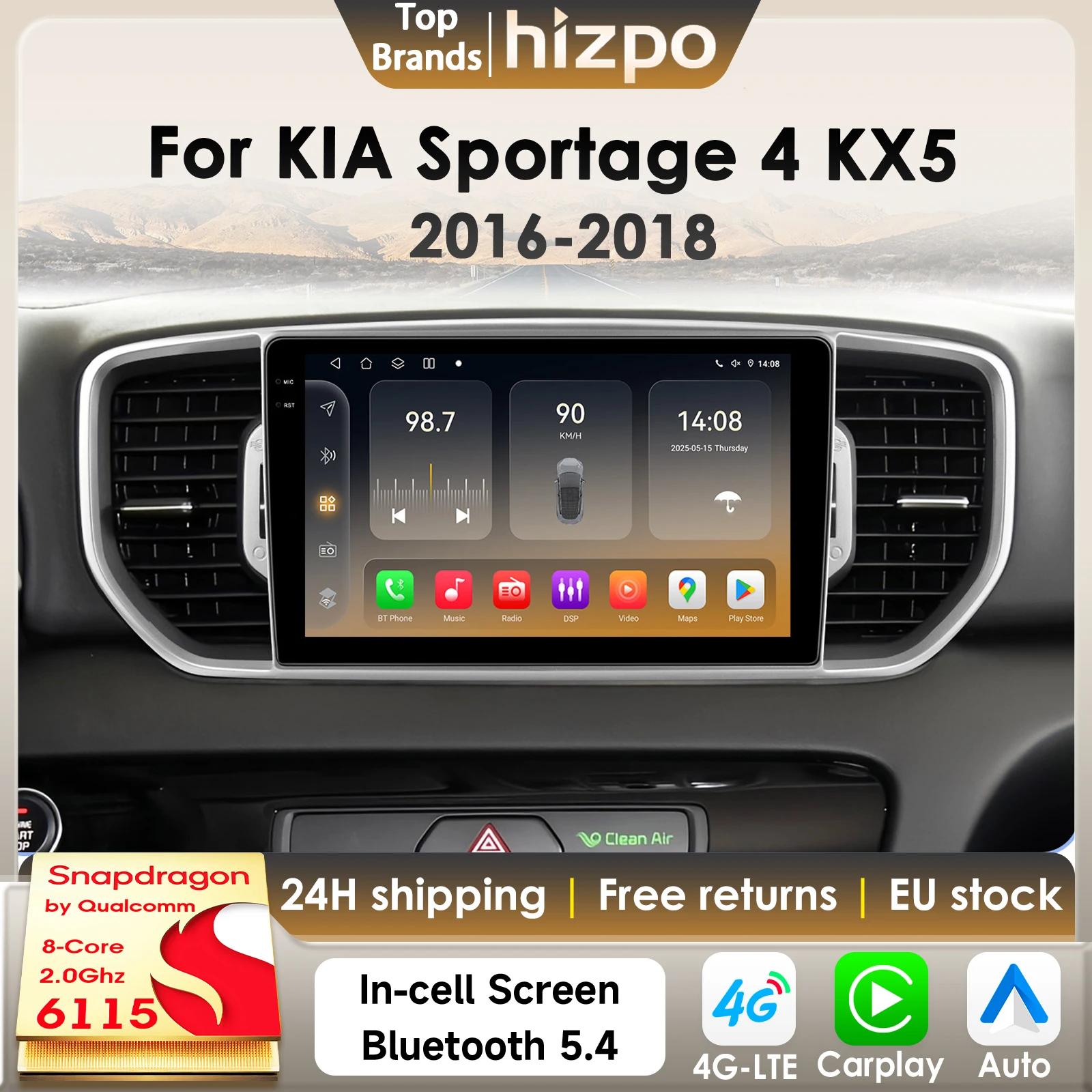 Hizpo 8Core 2Din Android 14 Autoradio für KIA Sportage 4 KX5 2016-2018 Auto Multimedia GPS 4G Carplay von Qualcomm Snapdragon 6115