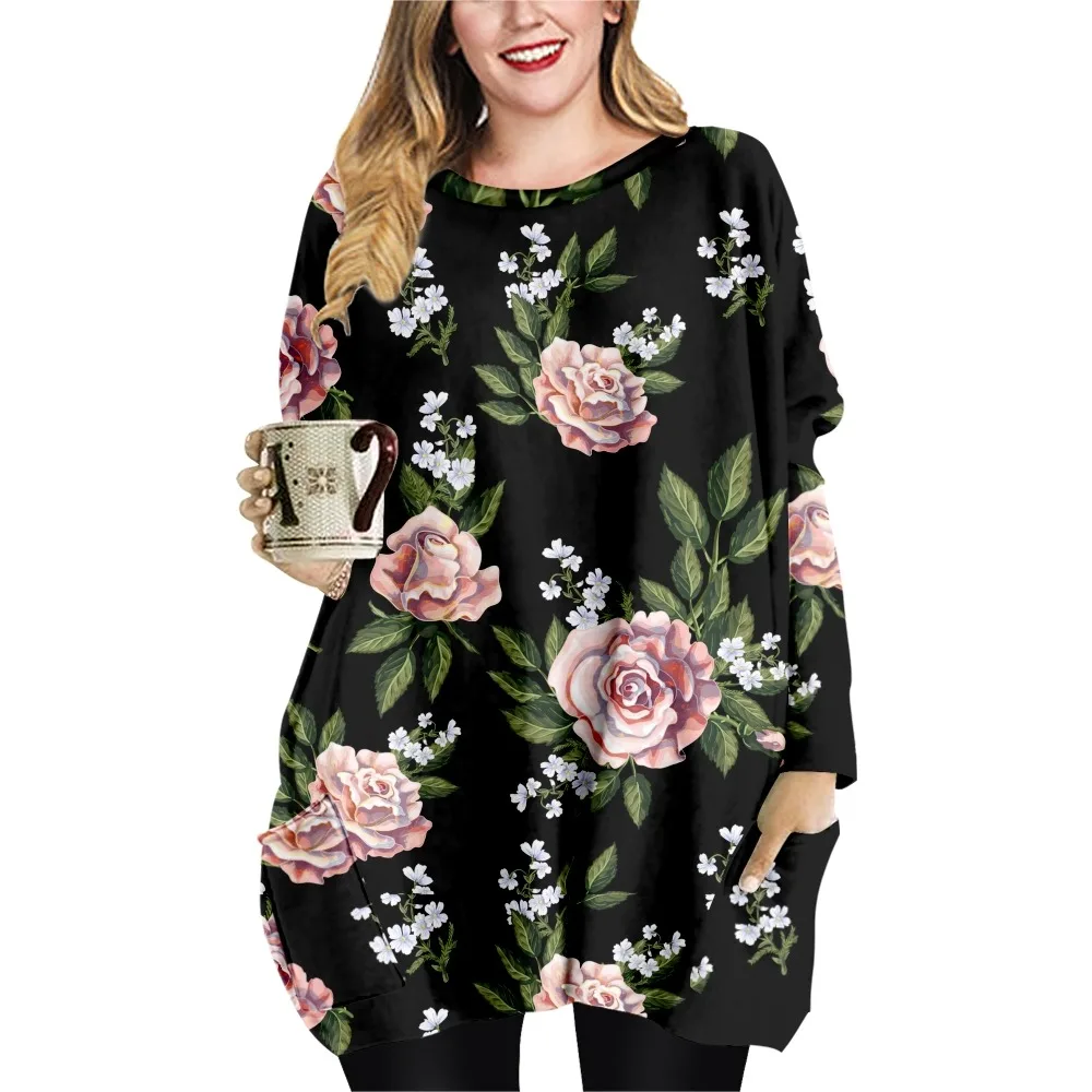 NEUE Blumen Druck Frühling Herbst Lose Beiläufige Stil Damen T-shirt Doppel Tasche Kleid Rundhals Langarm Kleid-