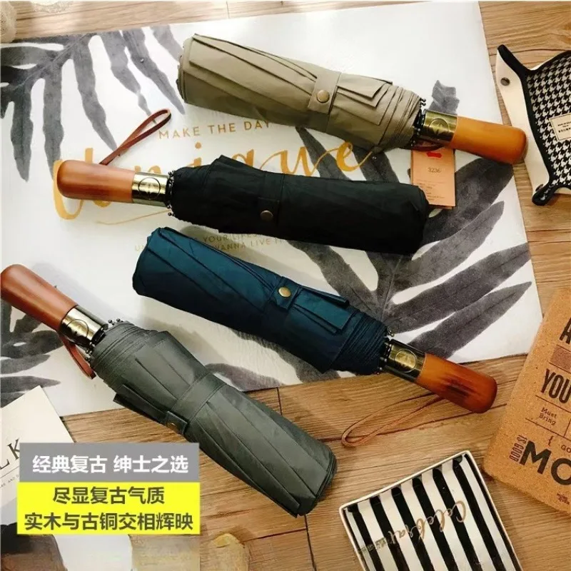 

Fully Automatic Wooden Handle Umbrella Men'S Portable Business Umbrellas Advanced Automatic Umbrella Black Sunscreen Umbrellas