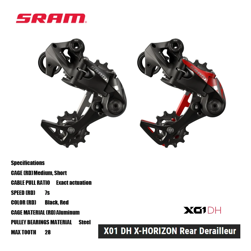 

SRAM X01 DH X-HORIZON Rear Derailleur Large upper pulley offset automatically adjusts chain gap