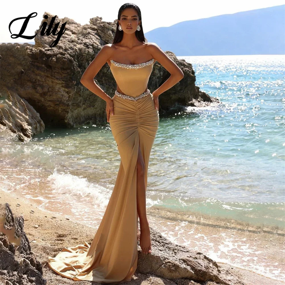 Lily Yellow Chic Woman Evening Dress Mermaid Sexy Strapless Pleats Stain Night Dress Beaded Side Slit Prom Dress robes de soirée